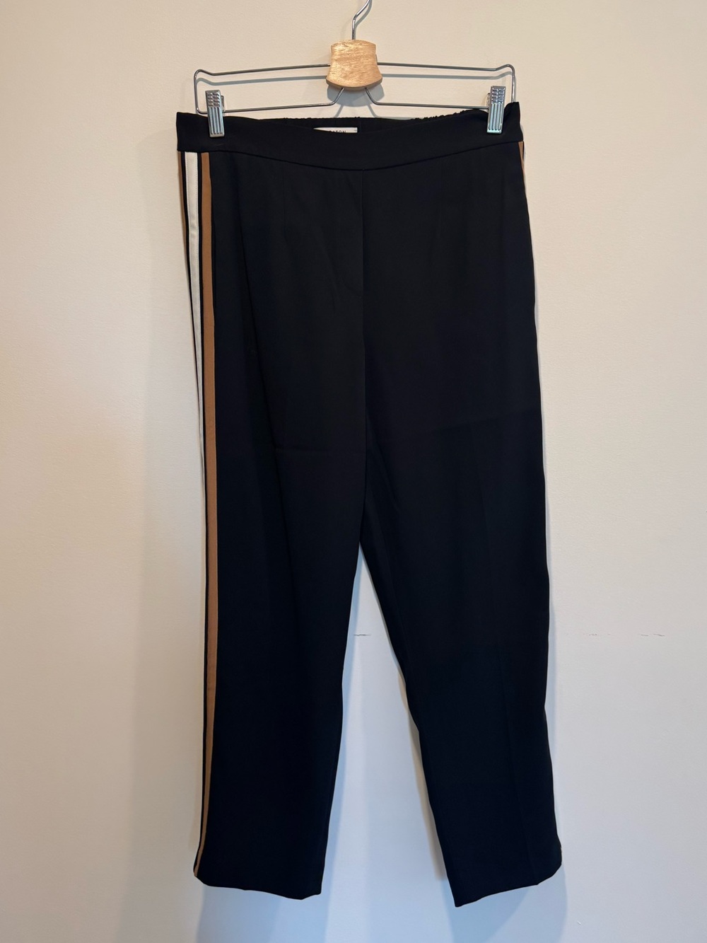 Babaton Black Straight-Leg Trousers with Tan & White Side Stripes